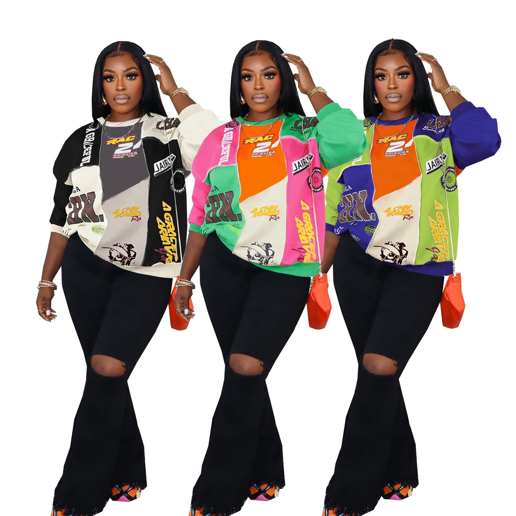 Autumn Trend Contrast Color Patchwork Letter Print Top Loose Round Neck Long Sleeve T-Shirt