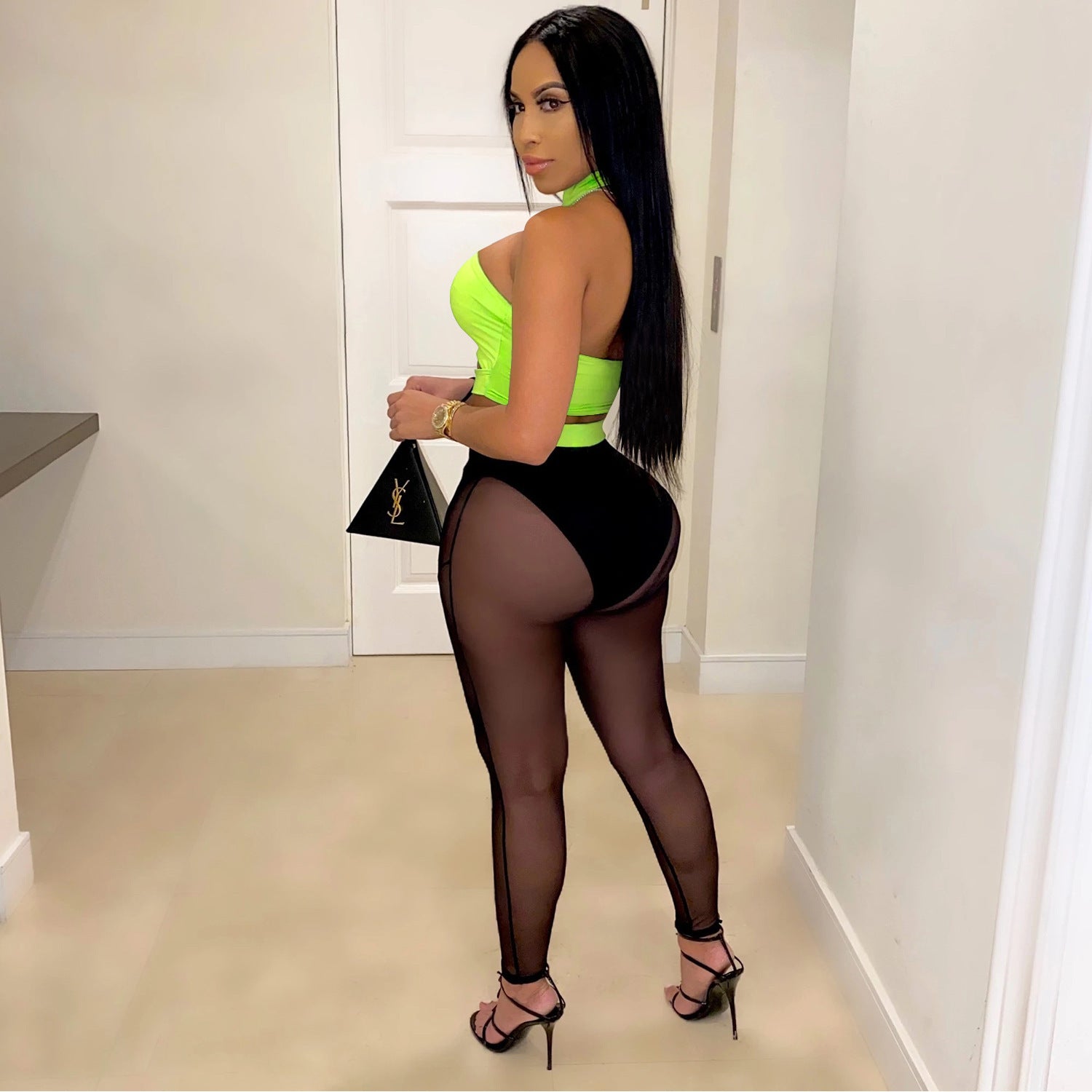 Women See-Through Colorblock Top and Pant Two Piece Set 7