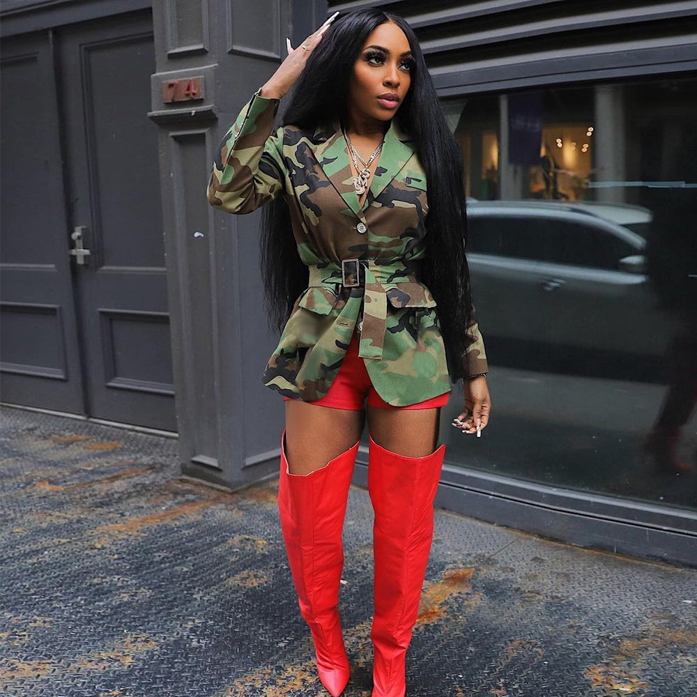 Women Autumn/Winter Camouflage Belted Jacket