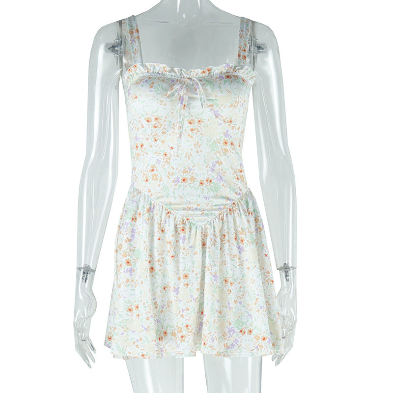 Fashionable Print Sexy Deep V-Neck Strap Slim Waist Irregular Dress 8