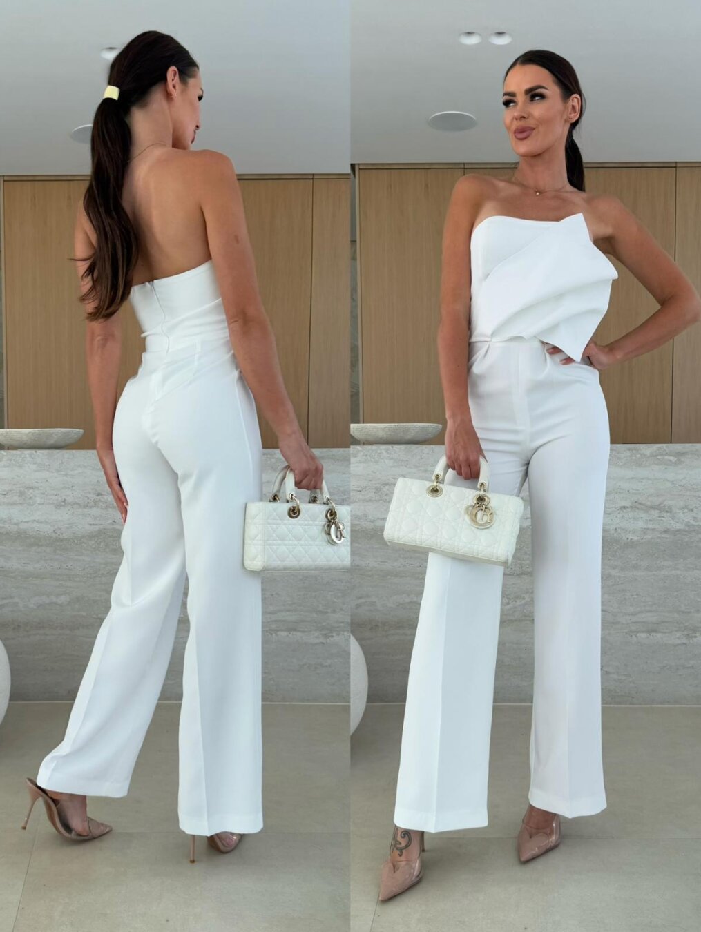 Solid Color Tight Fitting Strapless Low Back High Waist Wide Leg Jumpsuit