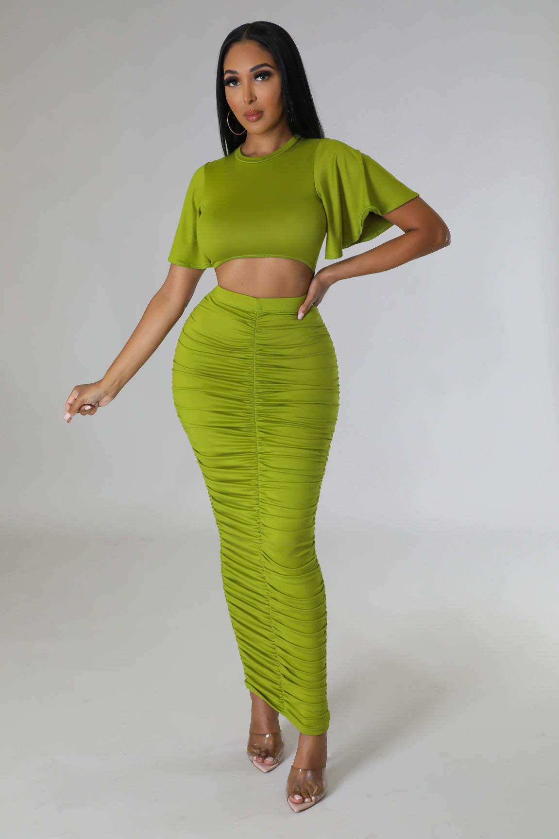 Solid Color Sexy Short-Sleeved Crop Top Slim Long Skirt Two Piece Set