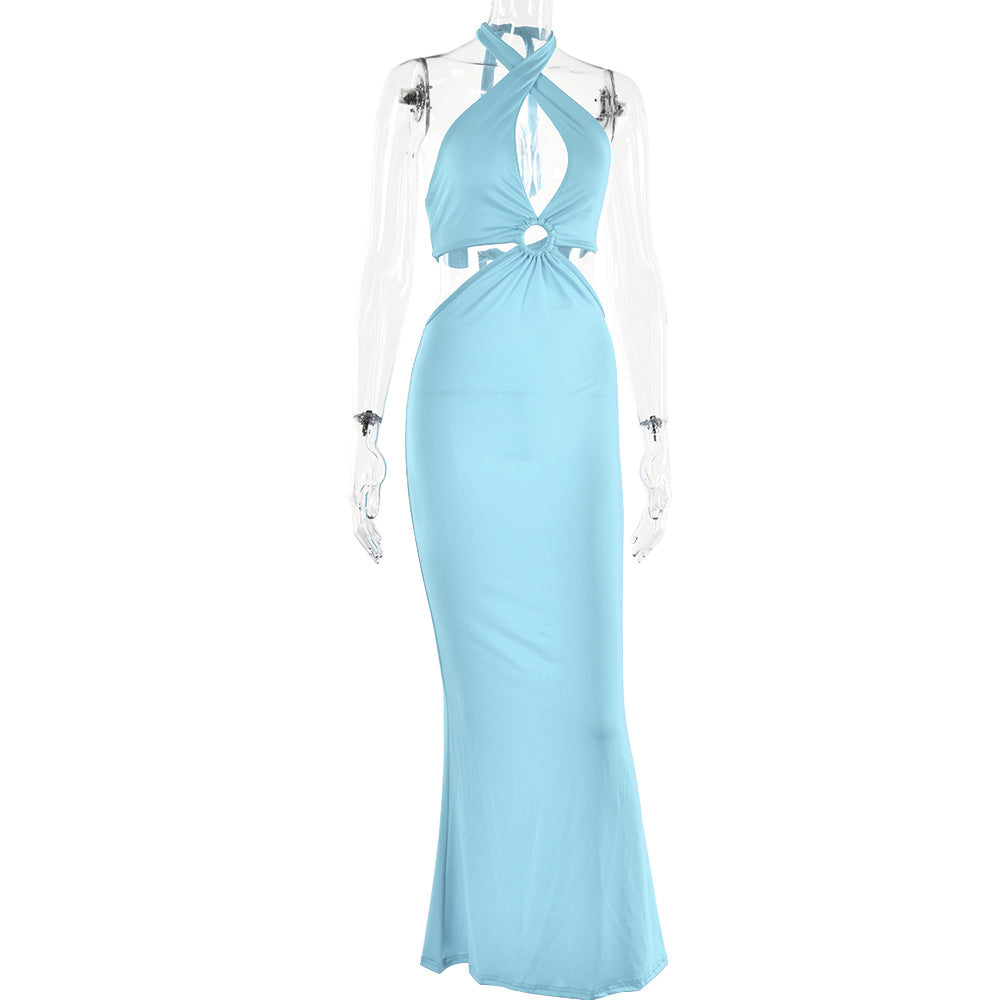 Summer Dress Sexy Fashion Patchwork Halter Neck Lace-Up Low Back Maxi Dress 18