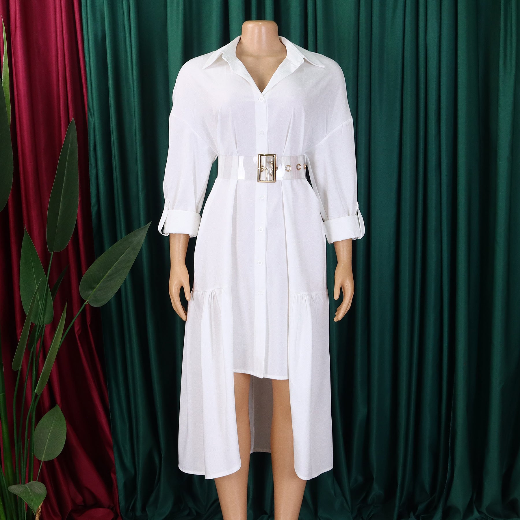 Women's Turndown Collar Solid Color Fashion Loose Casual Button Irregular Shirt Dress 32