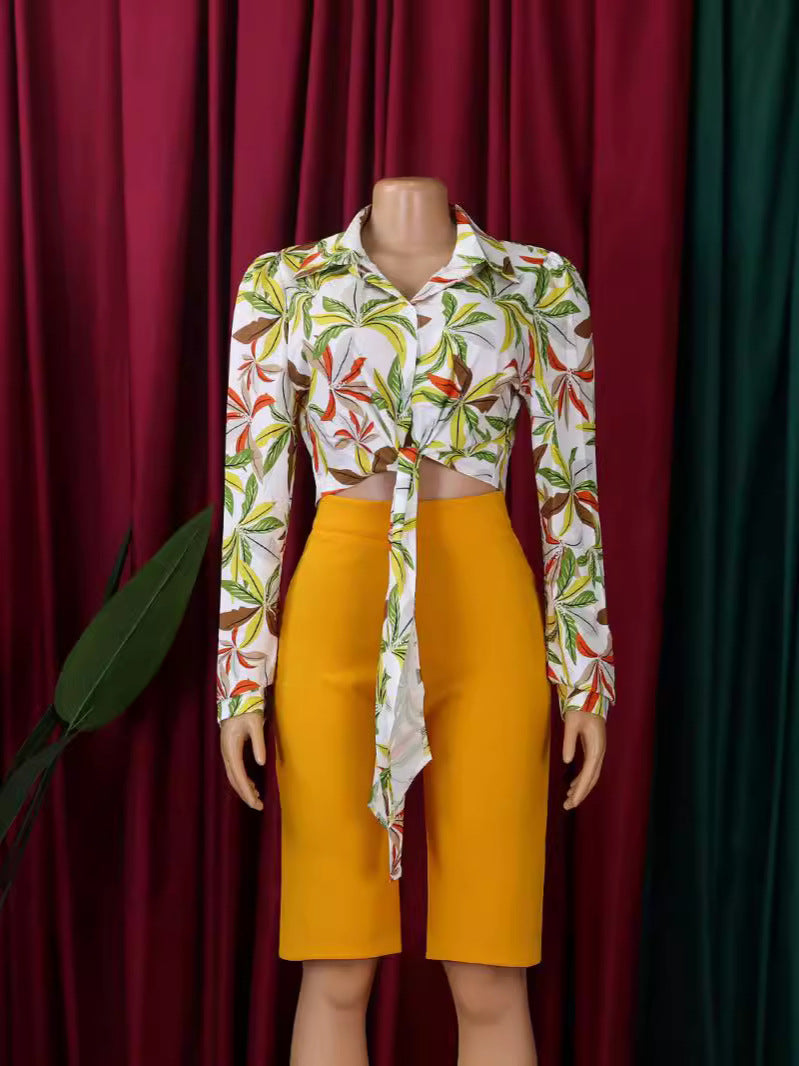 Fashionable Women's Printed Turndown Collar Lace-Up Long Sleeve Shirt 7