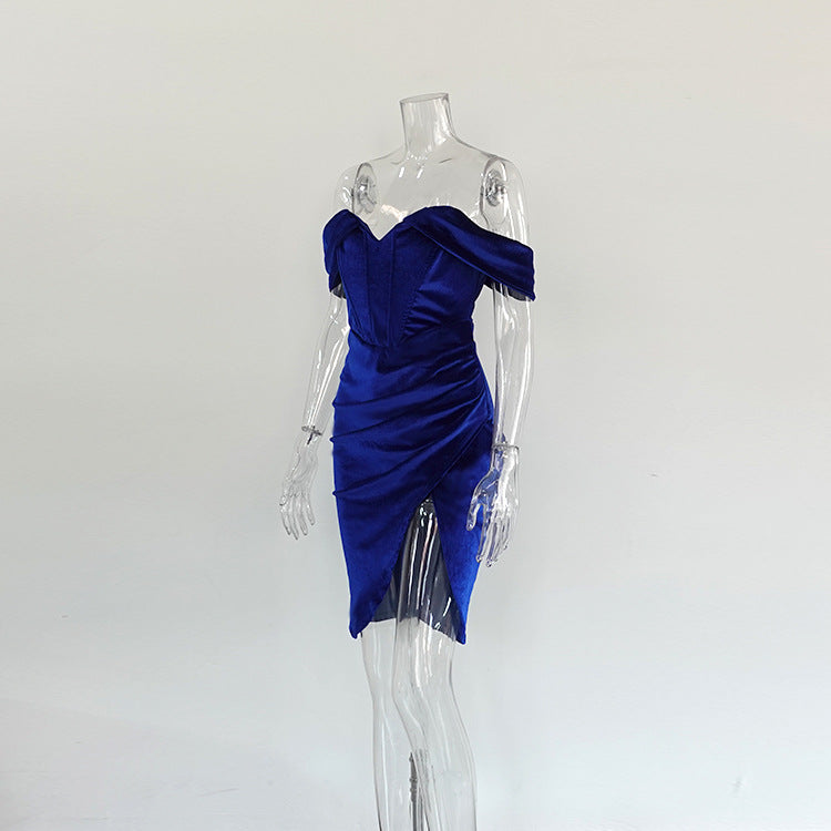 Women Vintage Off Shoulder Velvet Irregular Slit Pleated Dress 10