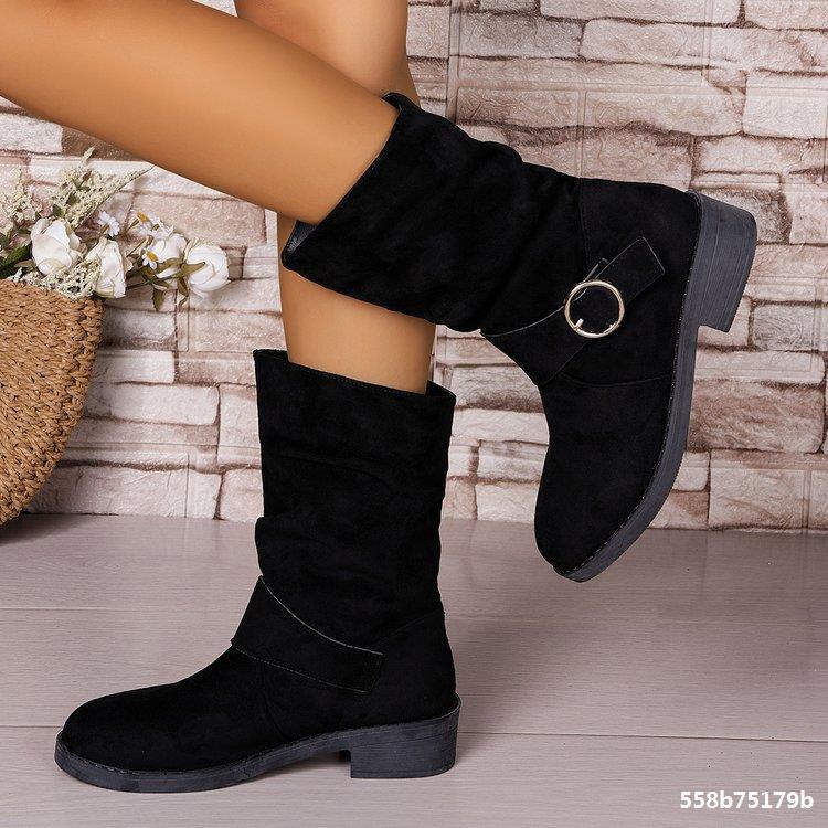 Plus-Size Women Autumn/Winter Suede Pleated Block-Heeled Ankle Boots