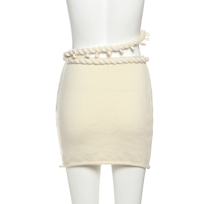 Women Summer Sexy Solid Knitting Crop Top and Skirt Two Piece Set 20