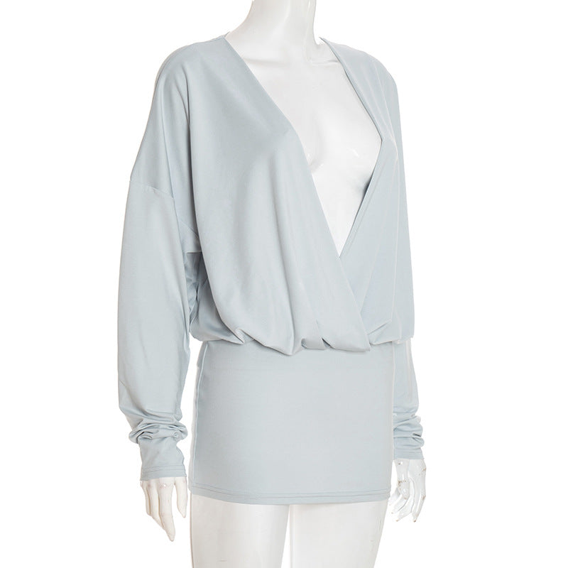 Women's Autumn Street Sexy Deep V Bat Sleeves Long Sleeve Dress 6