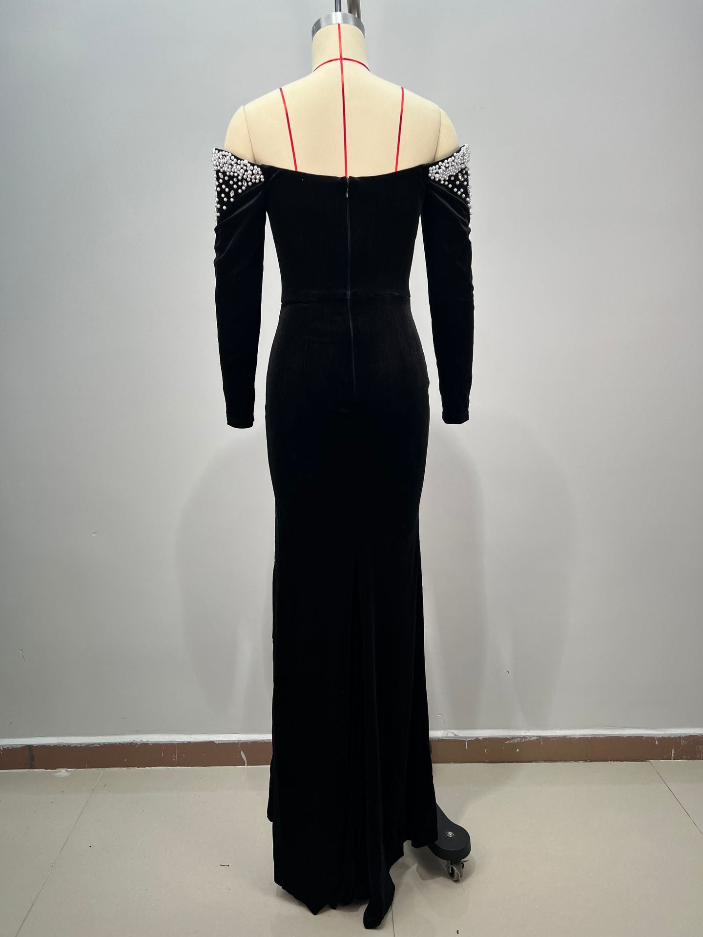 Women Black Luxury Velvet Formal Party Long Sleeve Bead Chain Slit Evening Dress 6