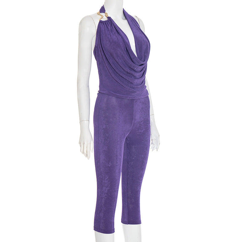Women Fall Sexy Halter Neck Top and Capri Two-Piece Set 8