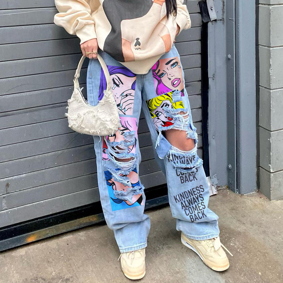 American Retro High Street Printed Wash Denim Pants Casual Women Wide Leg Jeam 7
