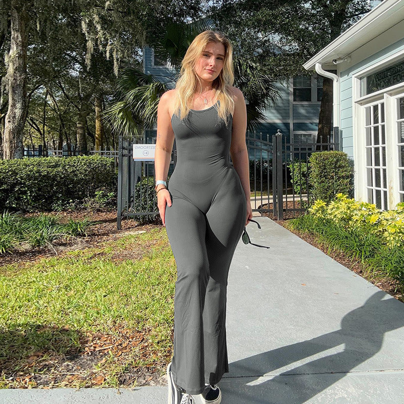 Women Winter Solid Suspender Backless Wide Leg Bell Bottom Jumpsuit 15