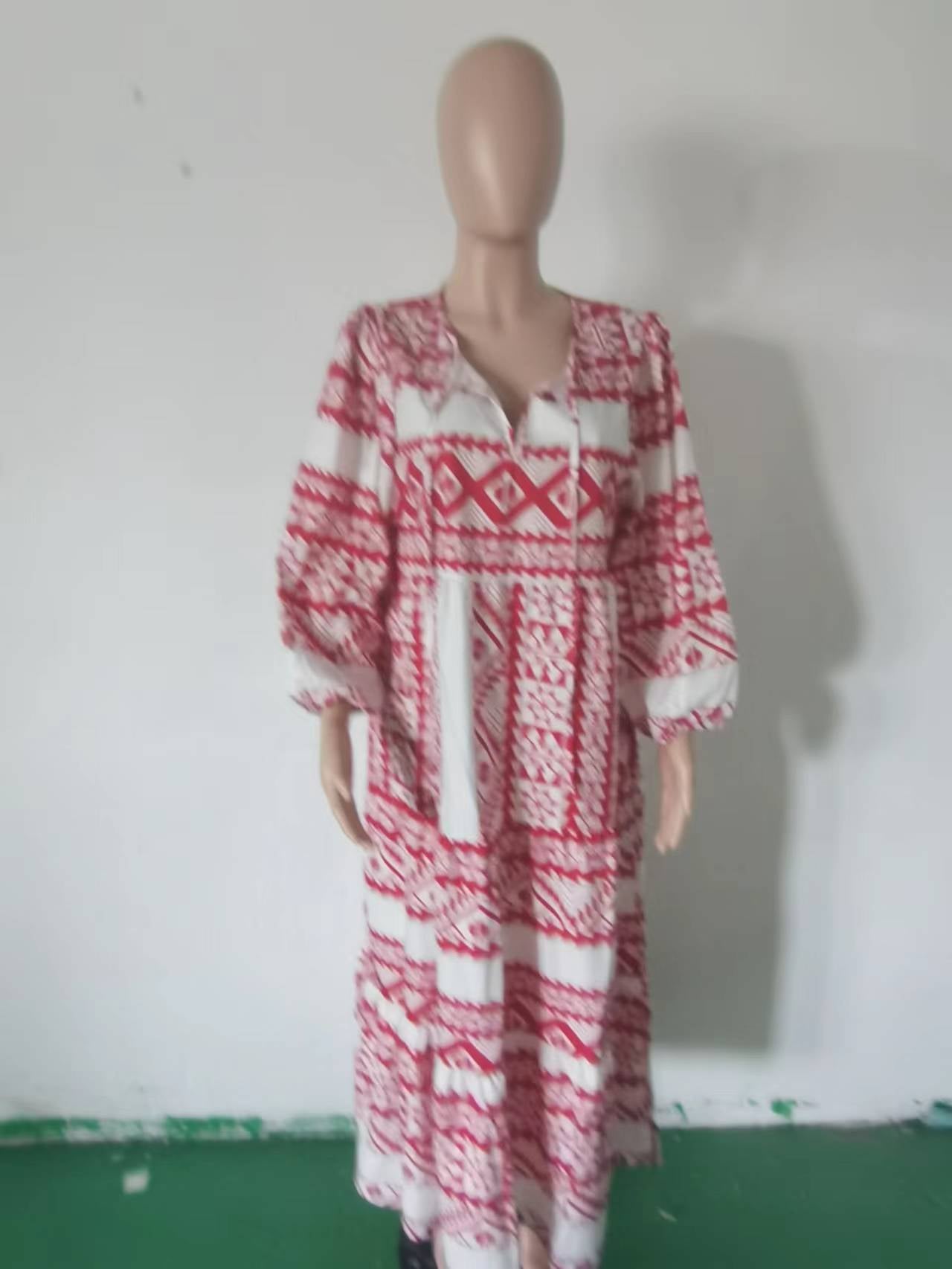 Women Summer Geometric Patch Puff Sleeve Dress 52