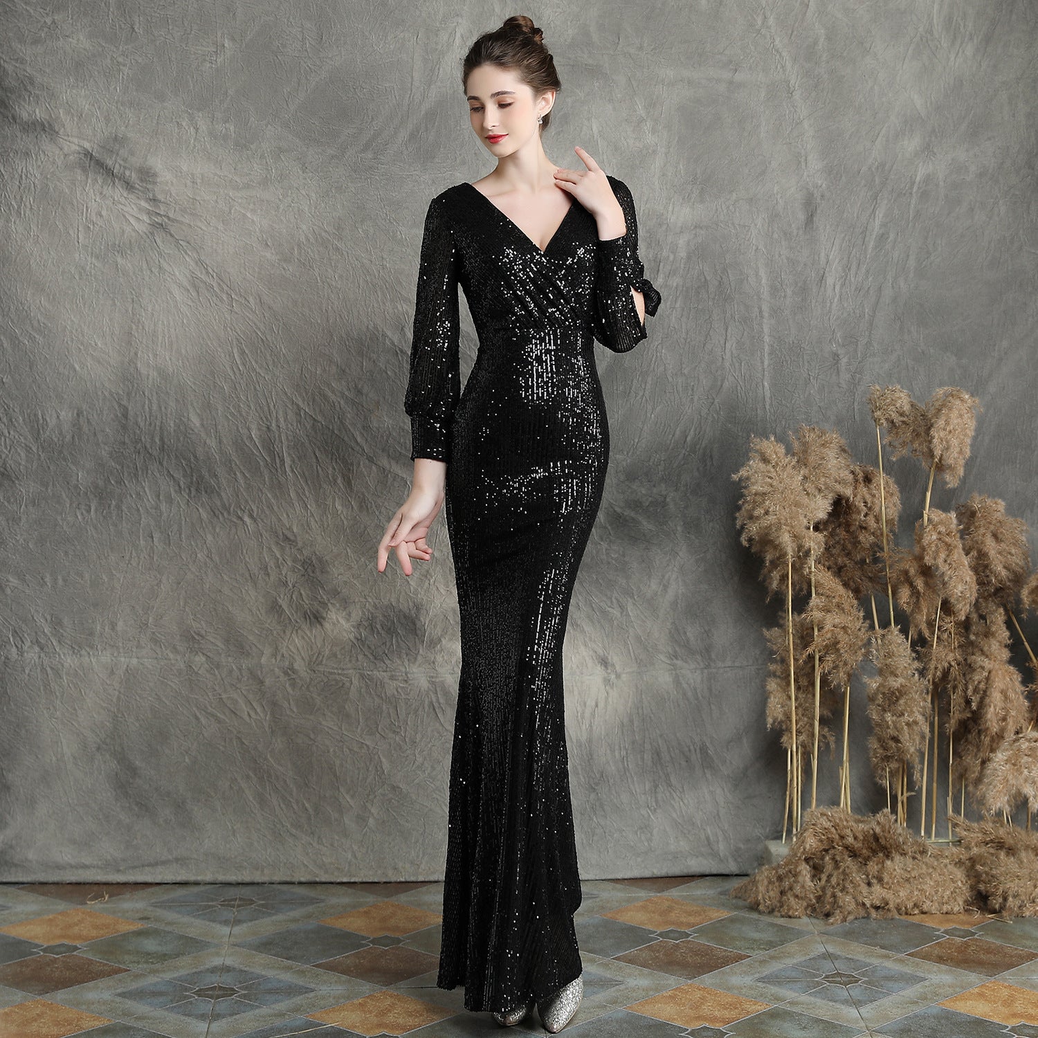 Women Formal Party Elegant Long Sleeve Sequin Fishtail Evening Dress 4