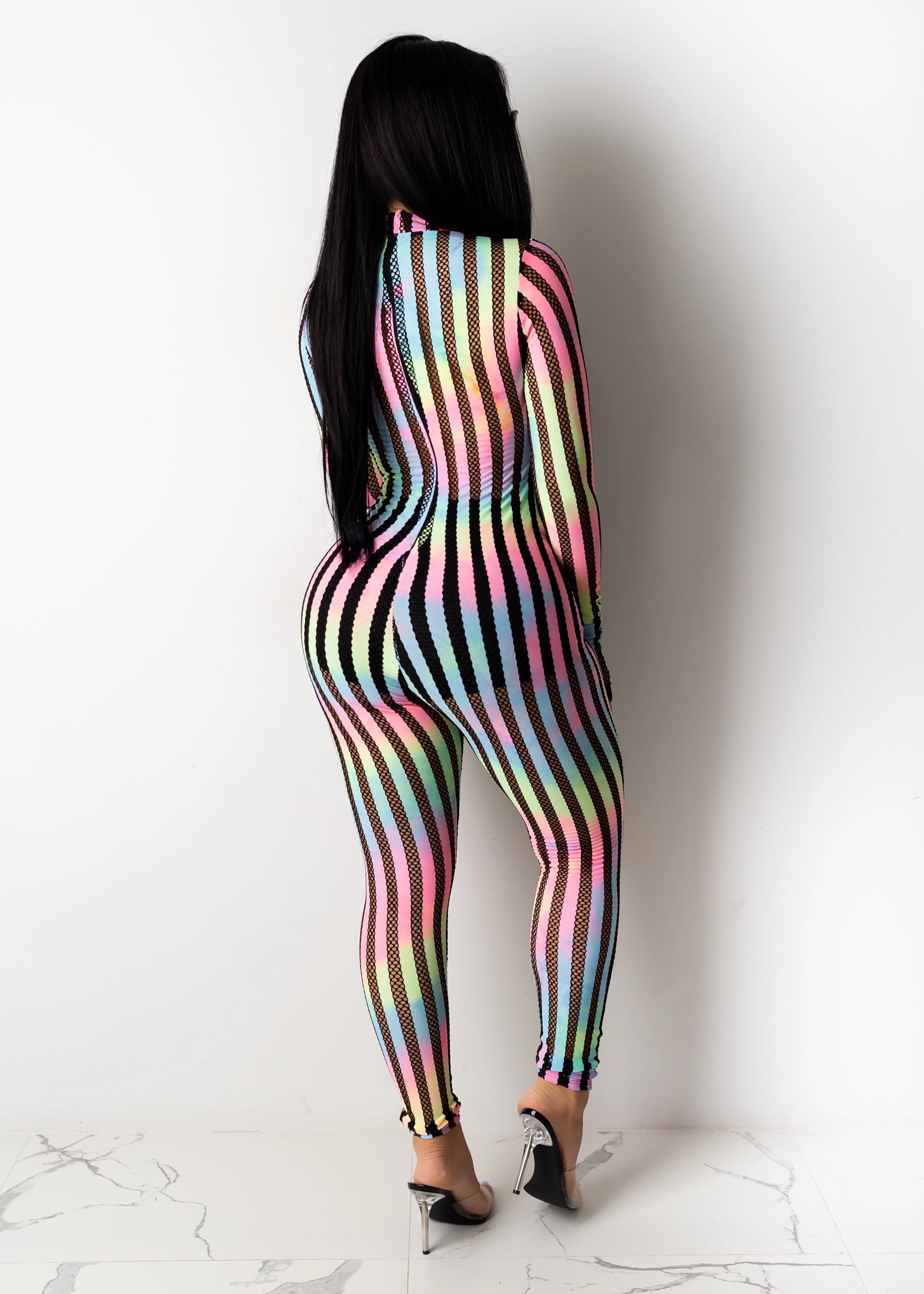 Striped Mesh Patchwork Casual Sexy Stretch Jumpsuit 6