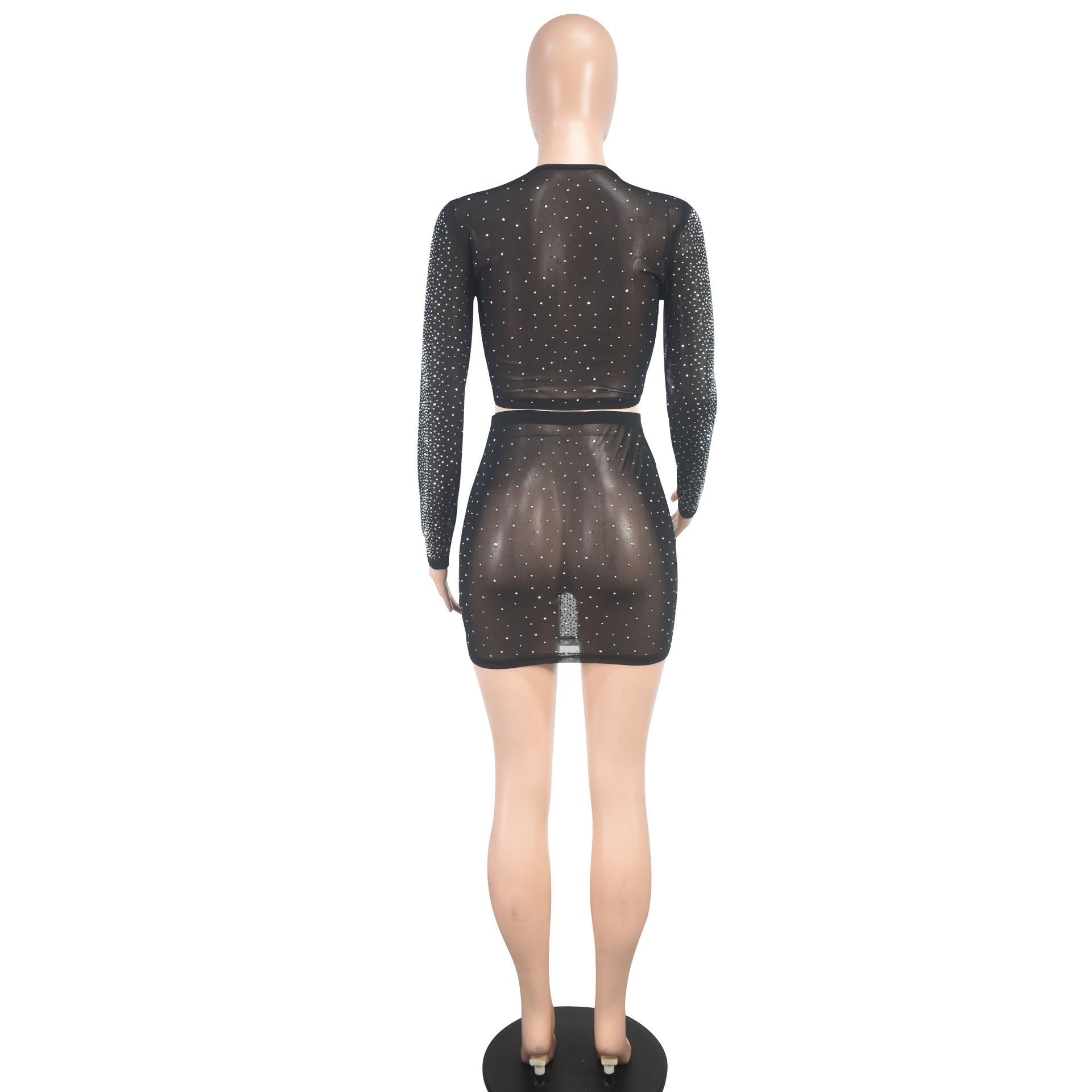 Fashion Sexy Slim See-Through Long Sleeve Beaded Mesh Top Mini Skirt Two-Piece Set 11