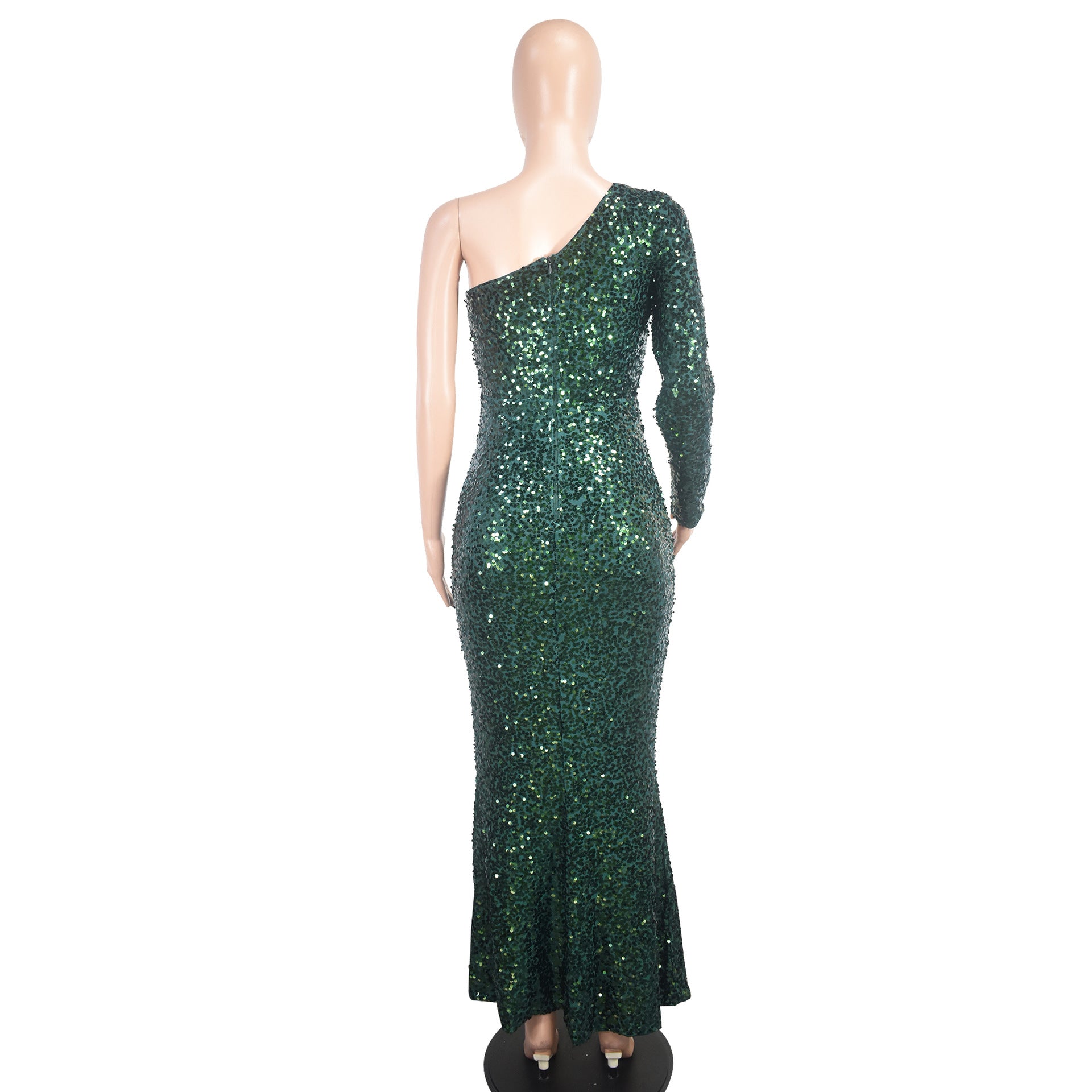 Women's One Shoulder Long Sleeve Sequined Dinner Slit Fishtail Long Dress Evening Dress 8