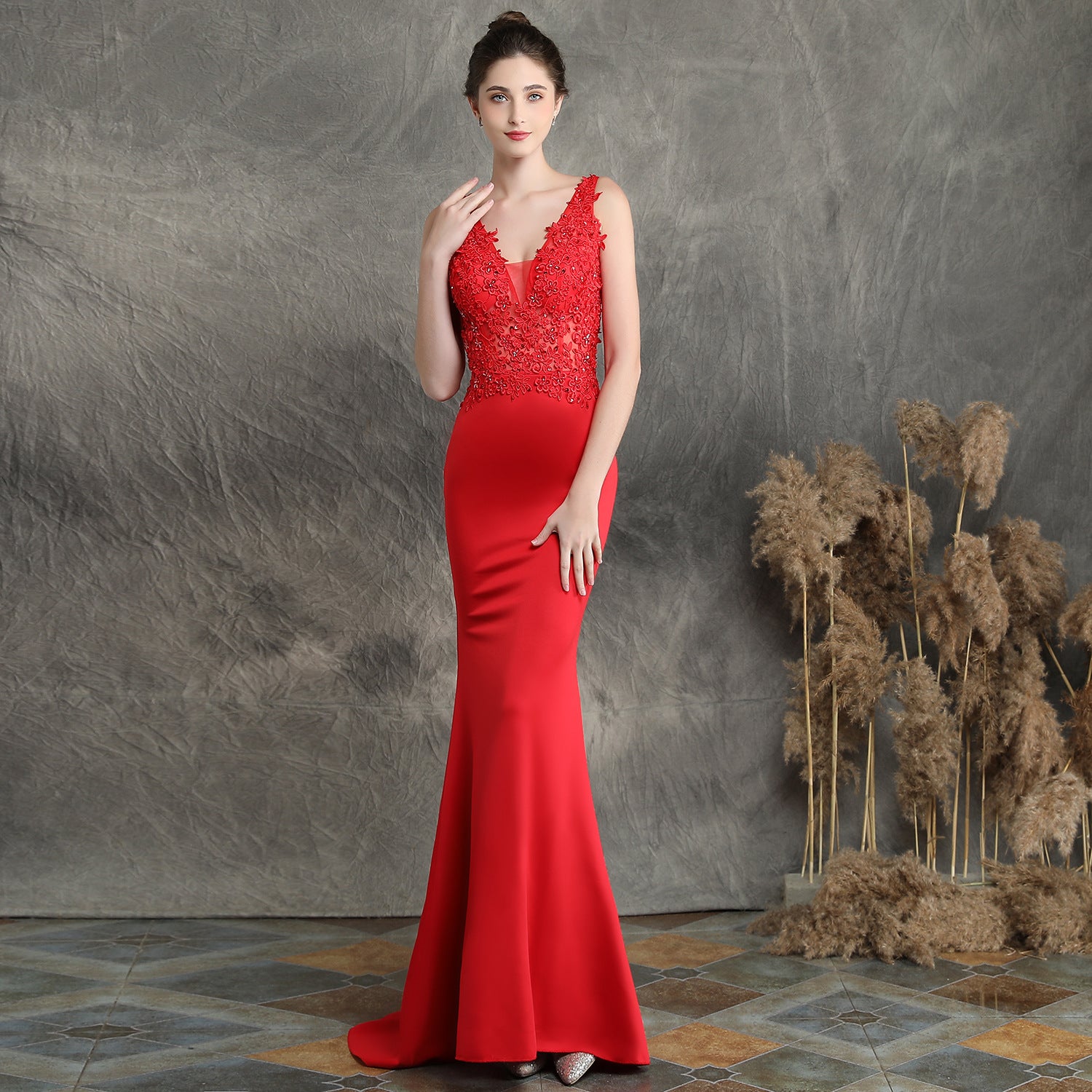 Women Elegant Appliquéd Beaded Formal Party Maxi Mermaid Evening Dress 14