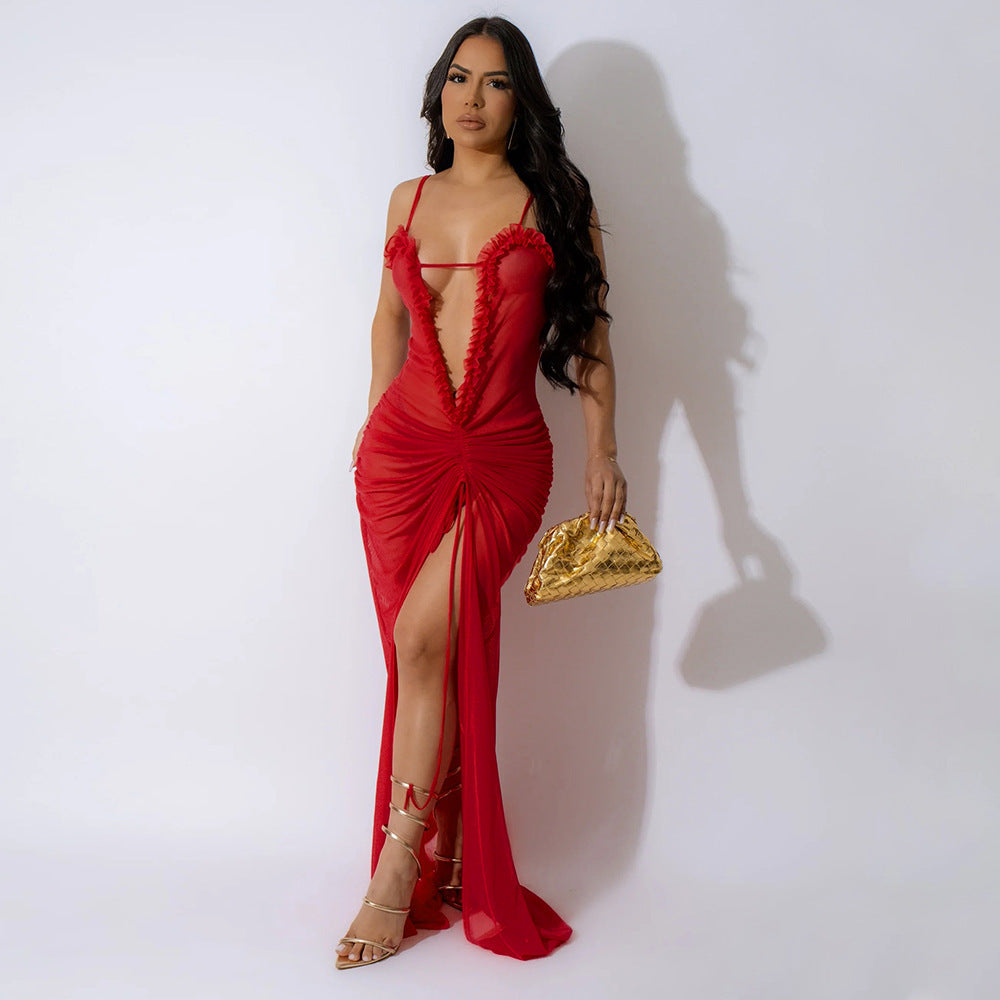 Sexy See-Through Mesh Solid Color High Slit Dress 10