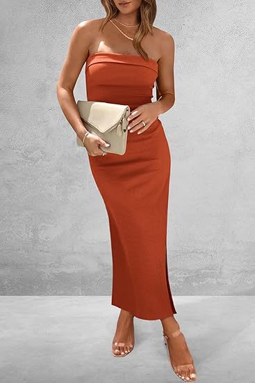 Women Side Slit Strapless Ribbed Dress 10
