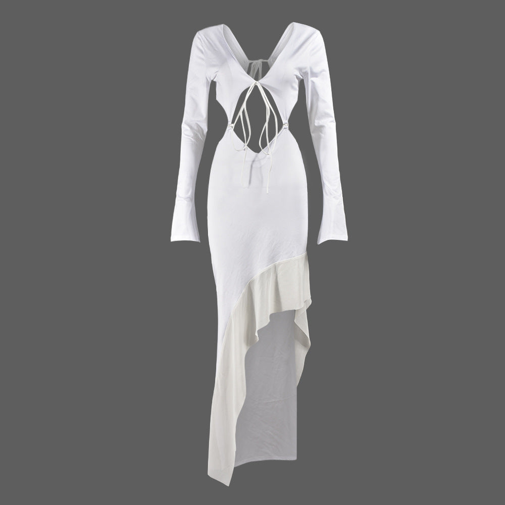 Summer Sexy Women's Clothing Long Sleeve V-Neck Lace-Up Long Dress 6