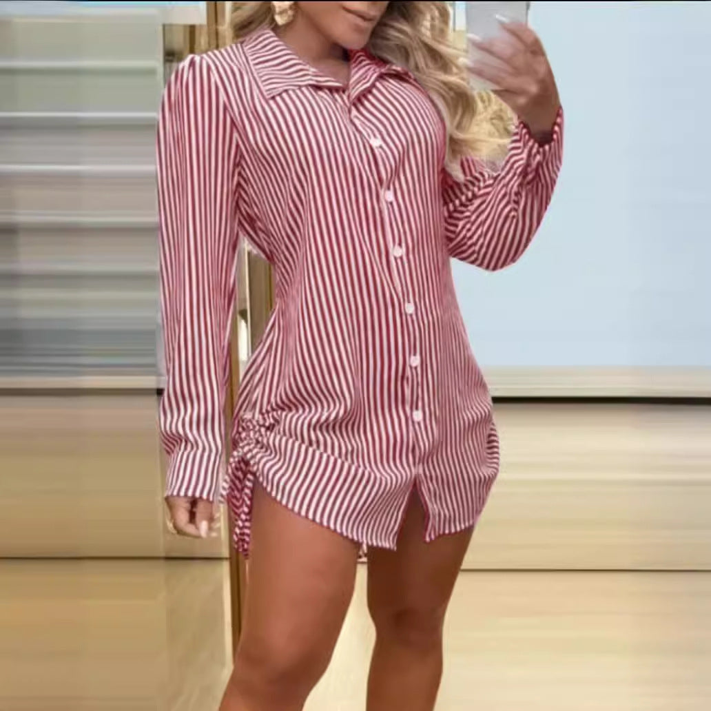 Women Sexy Drawstring Shirt Dress 9