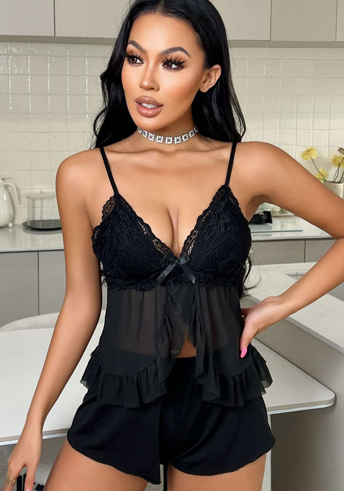 Solid Color Strap Pajama Shorts Set V-Neck Loungewear Set