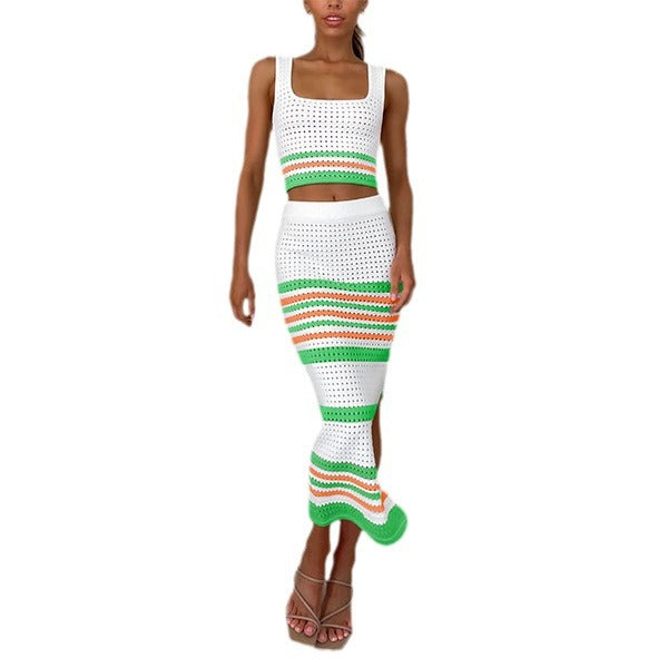 Women Contrast Color Striped Tank Top and Skirt Two-piece Set 9