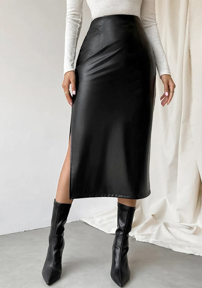 Black Sexy Autumn Winter Mid-Length PU Leather Skirt