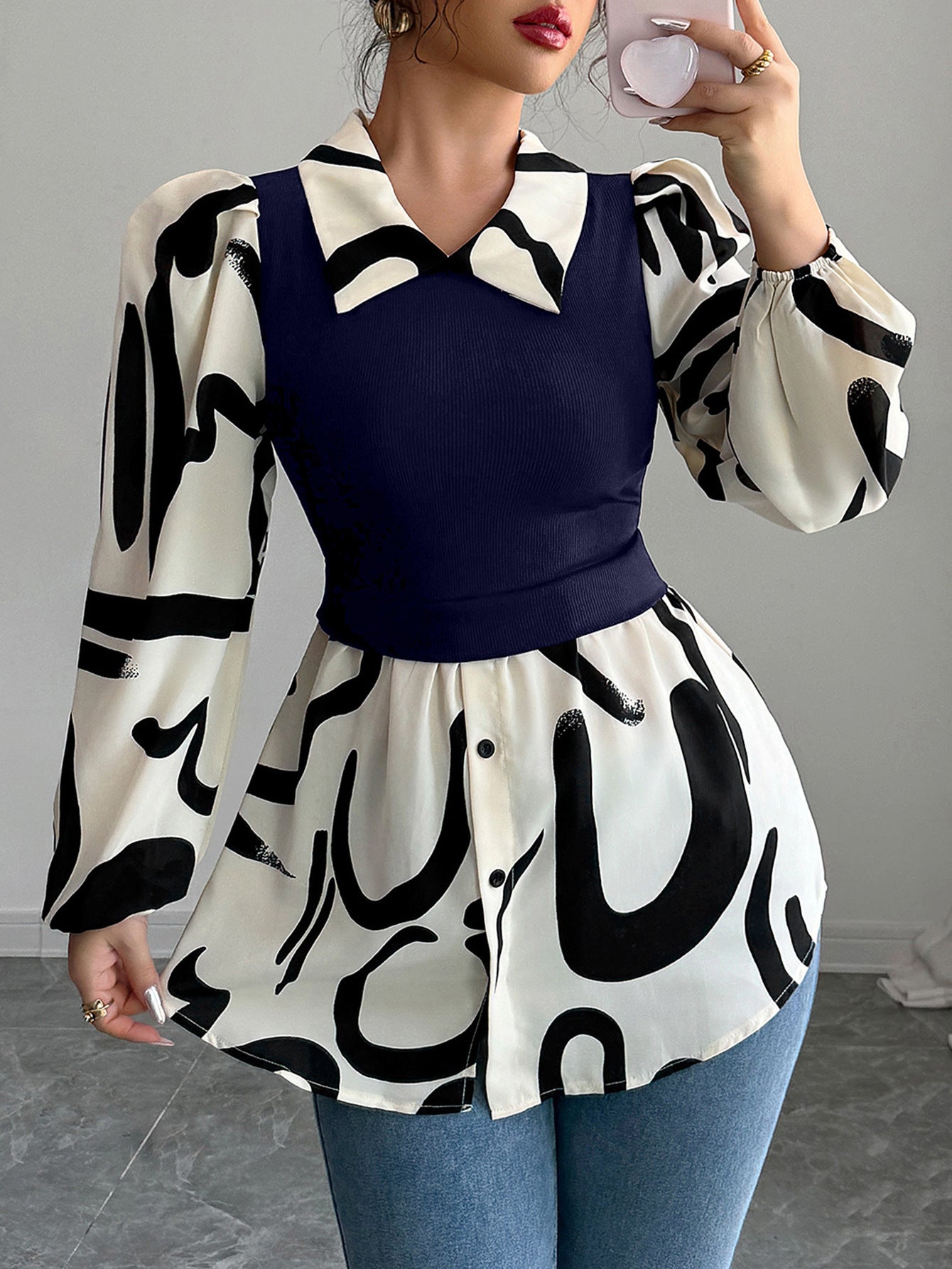 Summer Women's Chic Elegant Print Long-Sleeve Top 3
