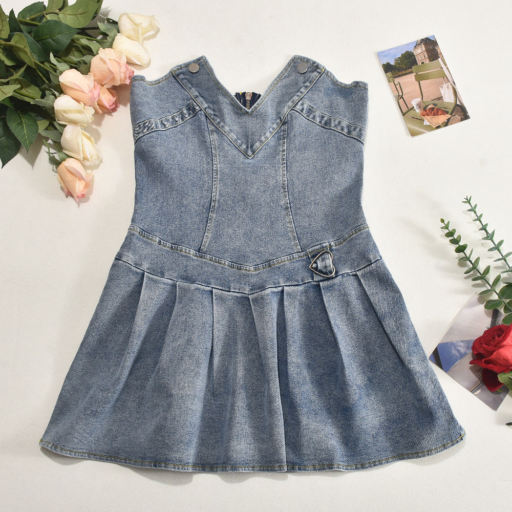 Women Stretch Denim French Pleated V-Neck Denim Dress 12