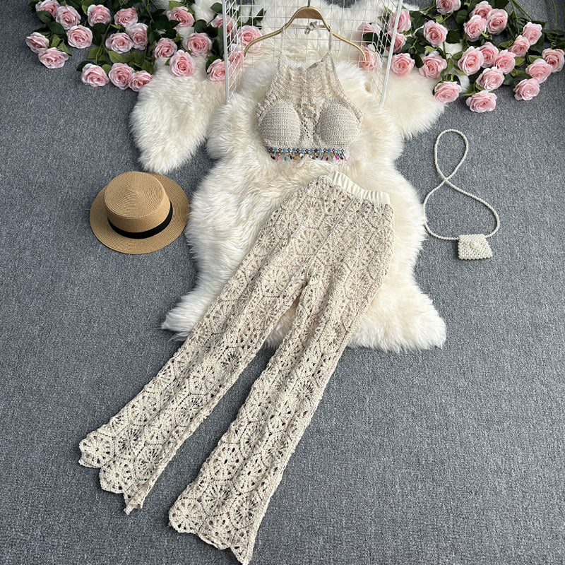 Sexy suspenders Halter Neck vest women's summer suit high waist hollow trousers two-piece set 9