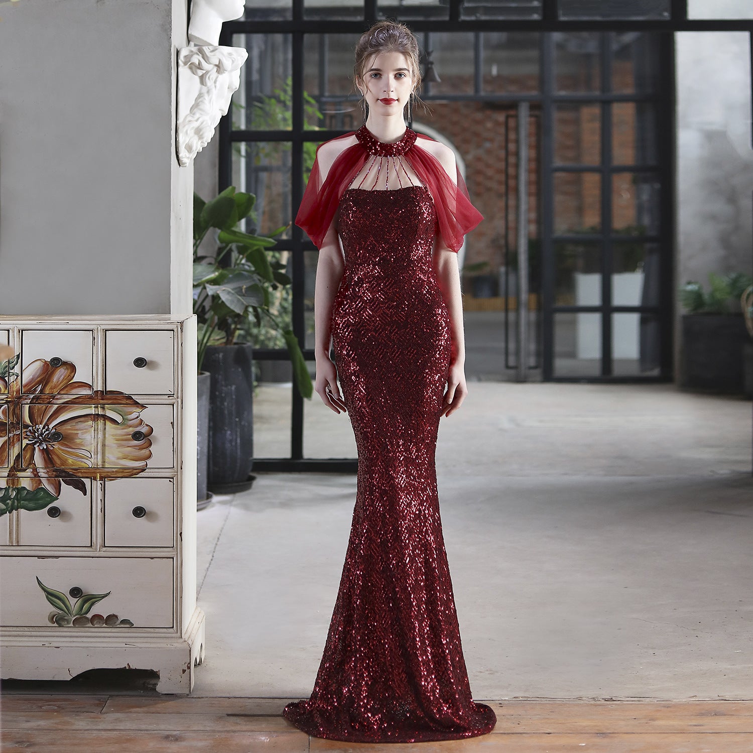 Sequin Mesh Halter-Neck Fishtail Bride Long Wedding Dress 4