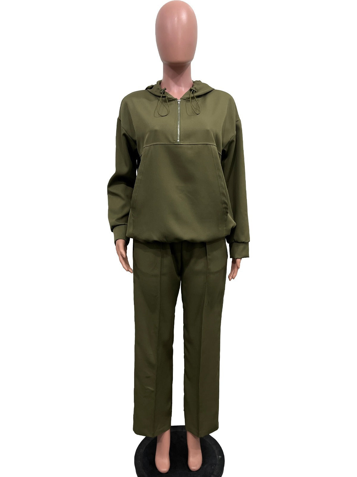 Women Solid Loose Pocket Hooded Drawstring Top and Pant Two-piece Set 6