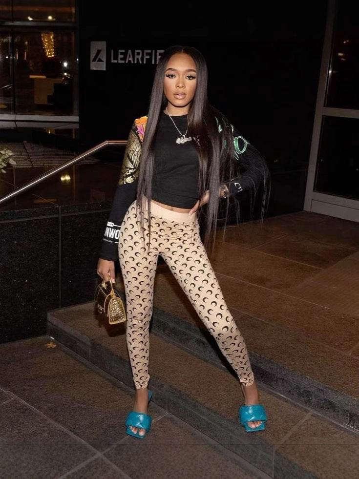 Fashionable Trendy Moon Print Elastic Slim Sexy Top & Trousers Set 4