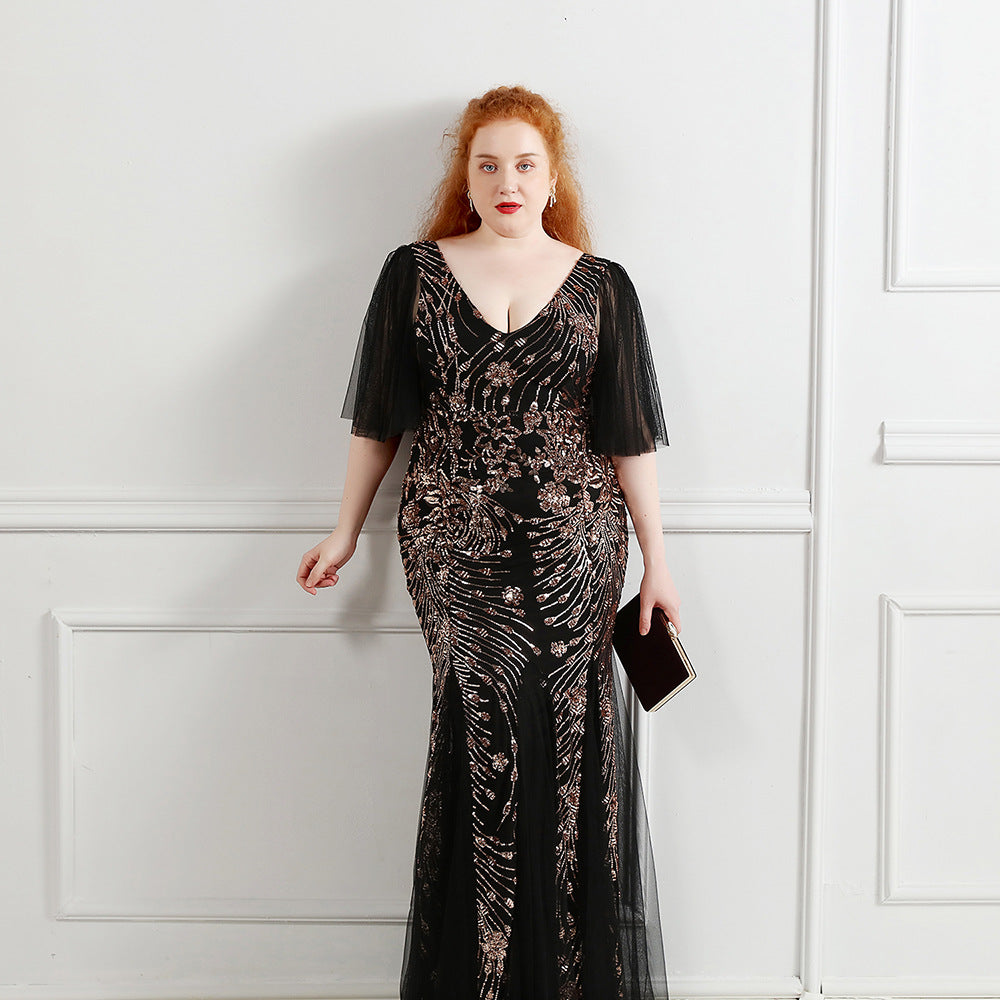 Plus Size Women Sequin Lace Half Sleeve Formal Party Evening Dress 4