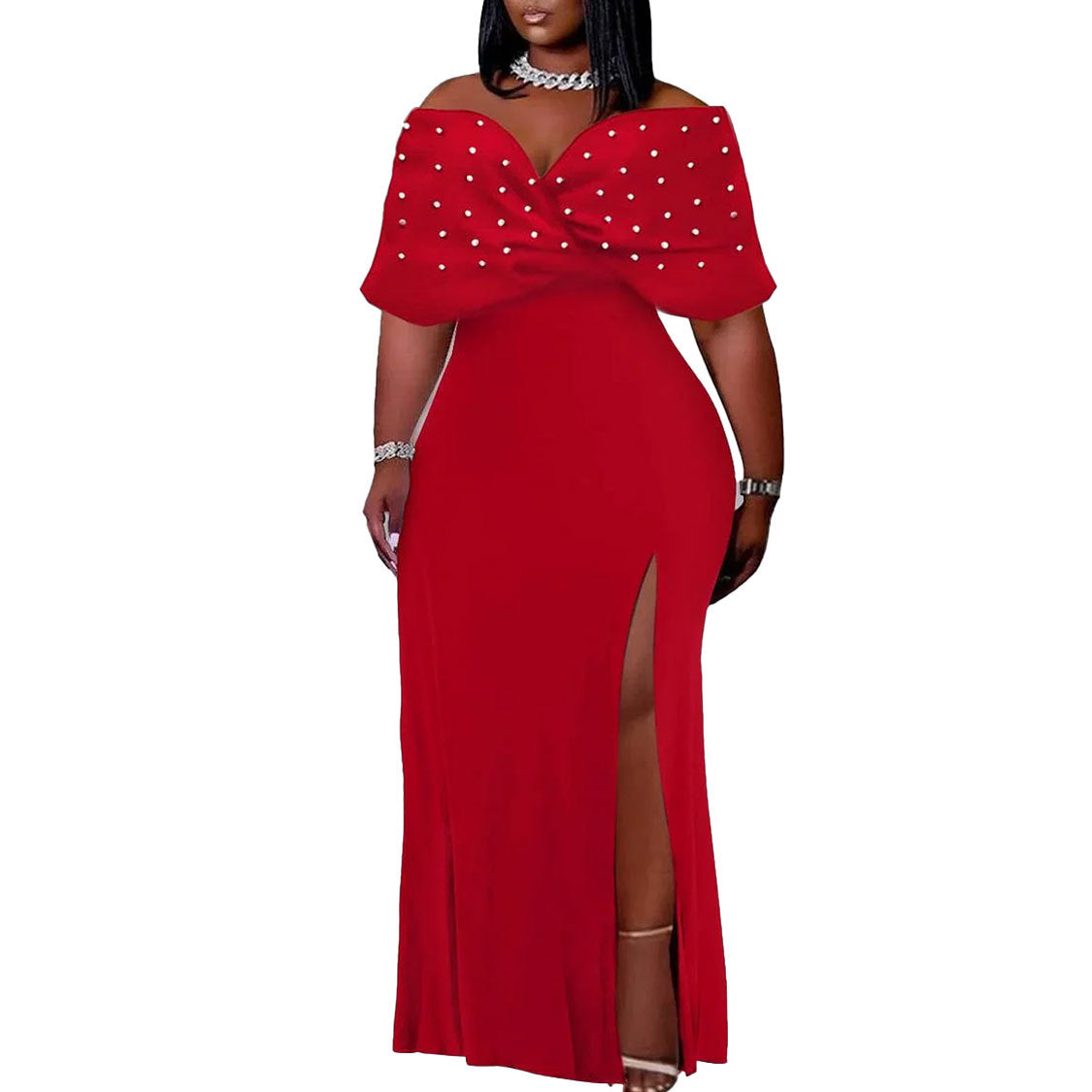 Sexy Pearl Off Shoulder Slit Plus Size Dress 9