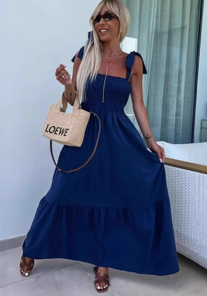 Women strapless off-the-shoulder lace-up denim dress
