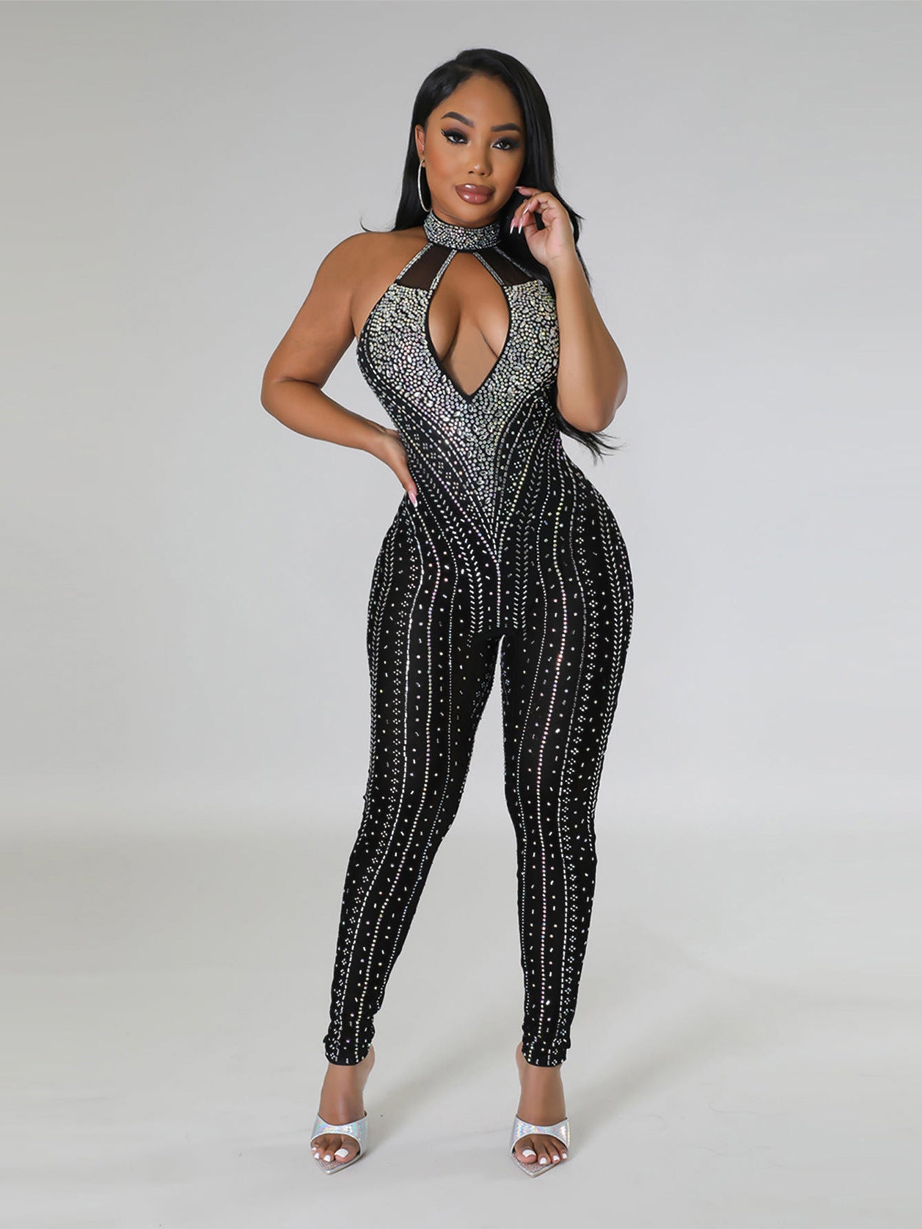 Women's Sexy Tight Fitting Summer Hollow Beaded Sleeveless Jumpsuit 3