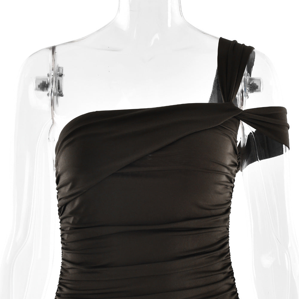 Summer Trendy Sexy Slash-Shoulder Slit Solid Color Ruched Sleeveless Maxi Dress 15