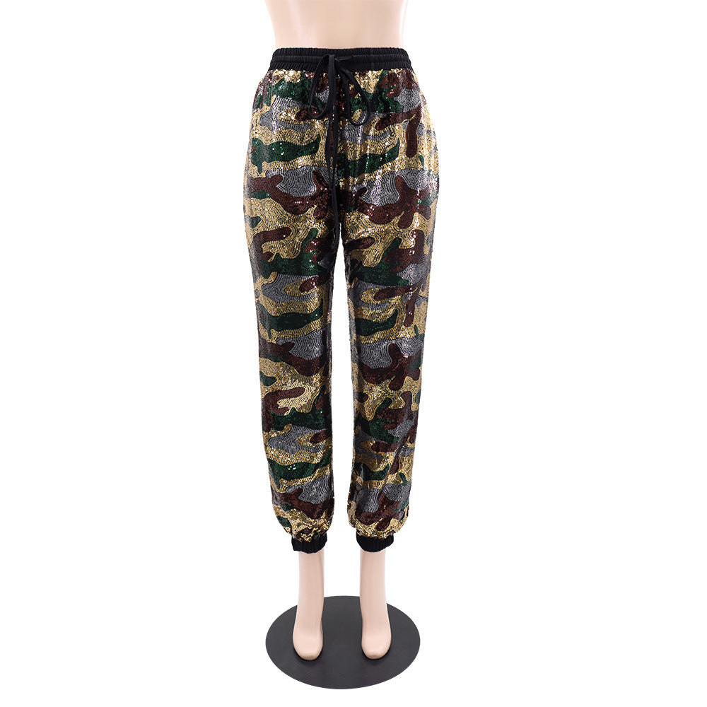 Women Camouflage Sequin Elastic Lace-Up Loose Straight Leg Cuff Pants 7