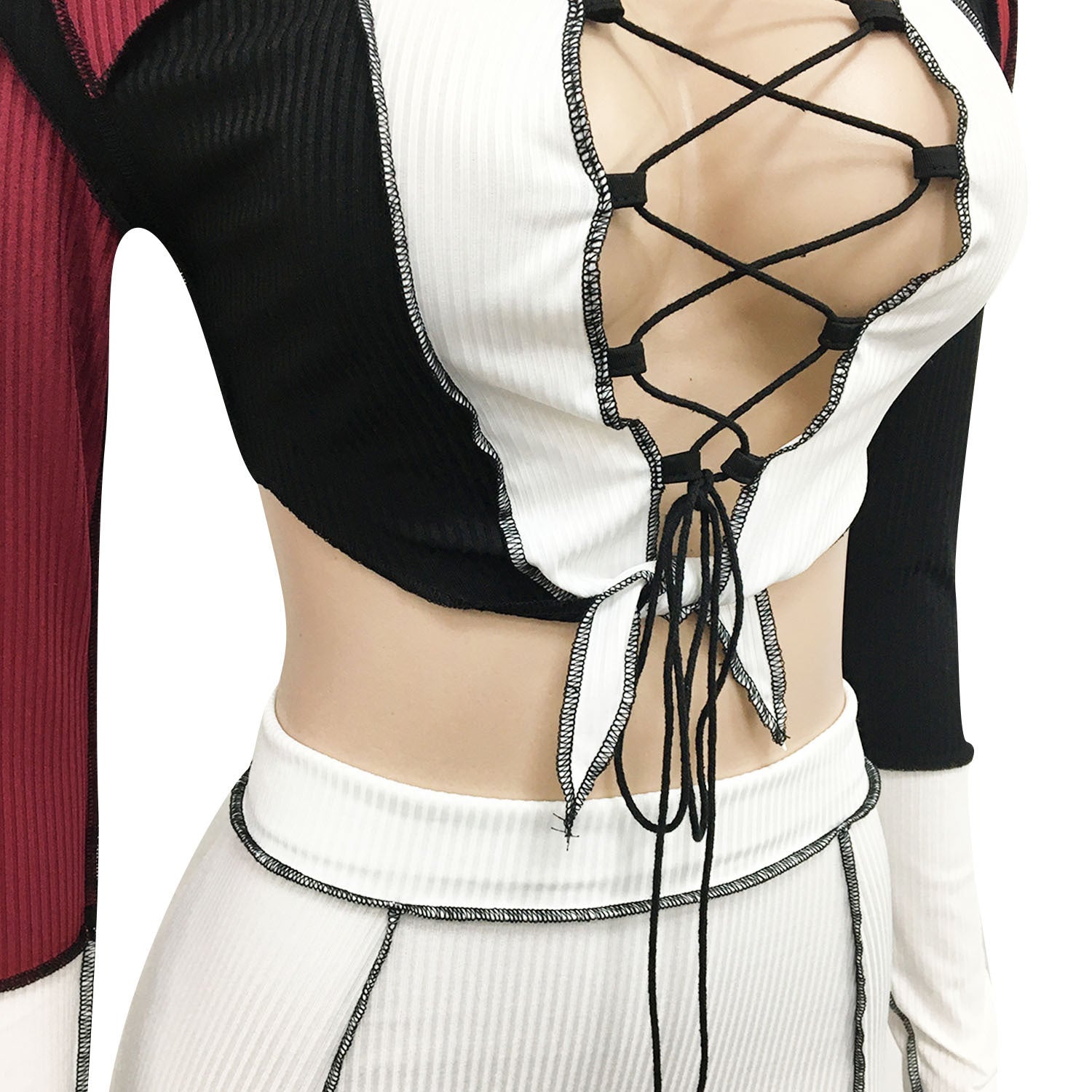 Women Lace-up Hollow Top and Skirt Two Piece Set 27