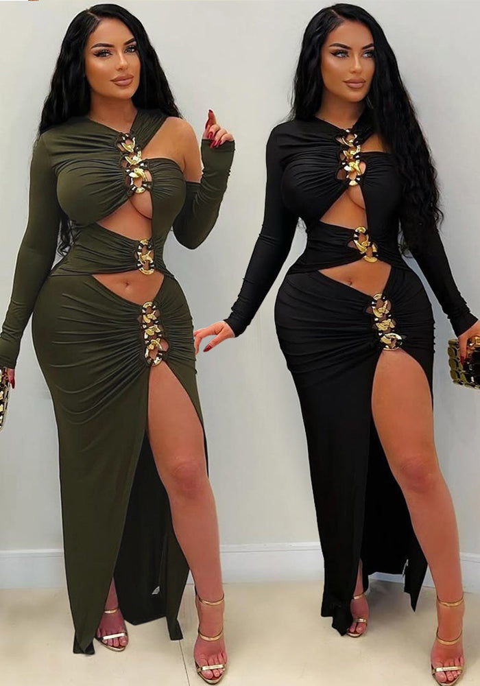 Fashionable Solid Color Slim sexy hollow slit long dress