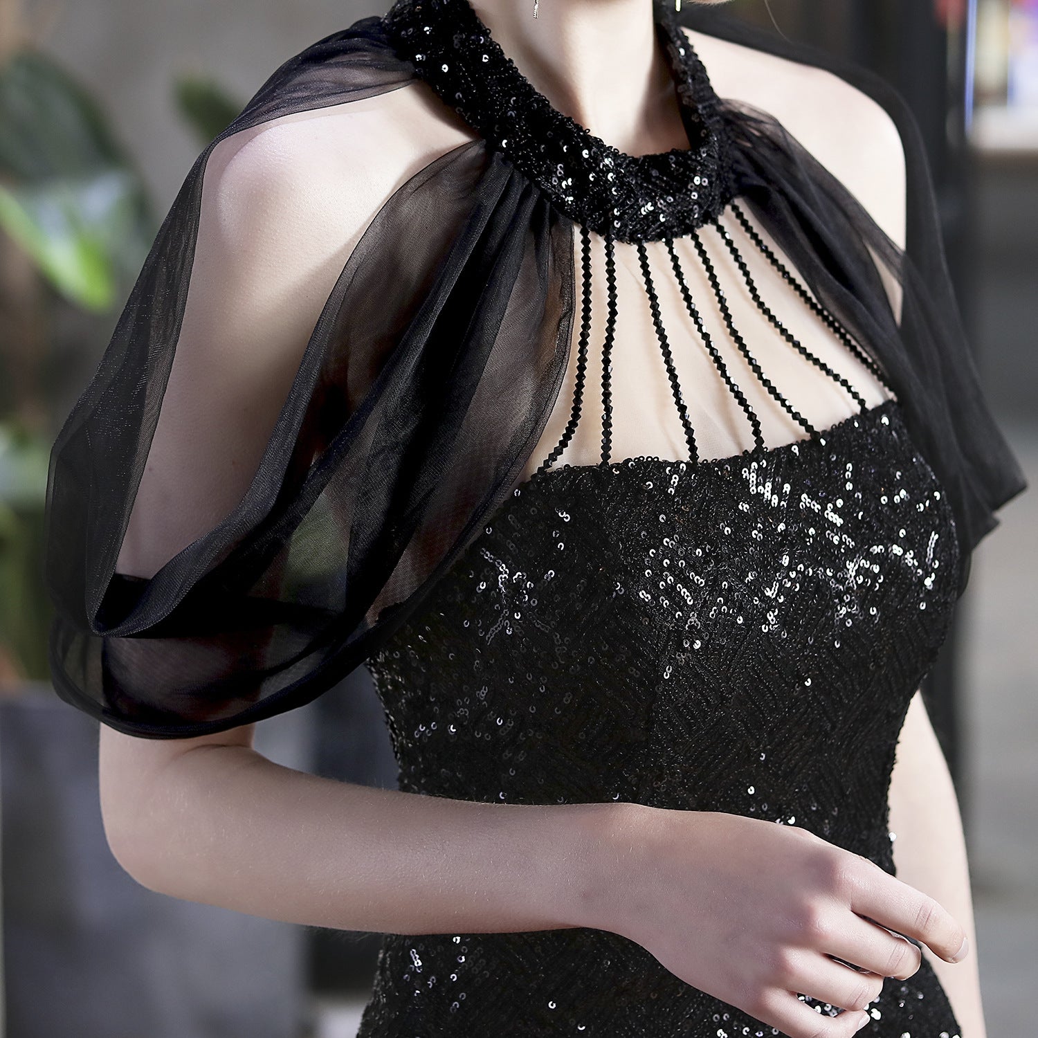 Sequin Mesh Halter-Neck Fishtail Bride Long Wedding Dress 19