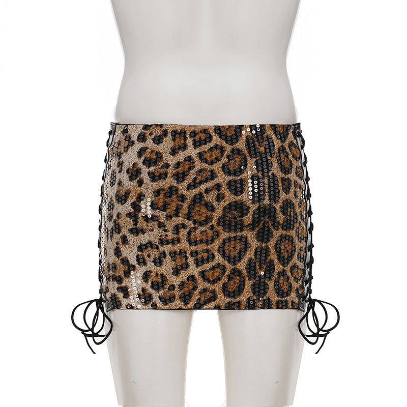 Sexy Side Lace-Up Leopard Print Bodycon Short Skirt with Sequins 11