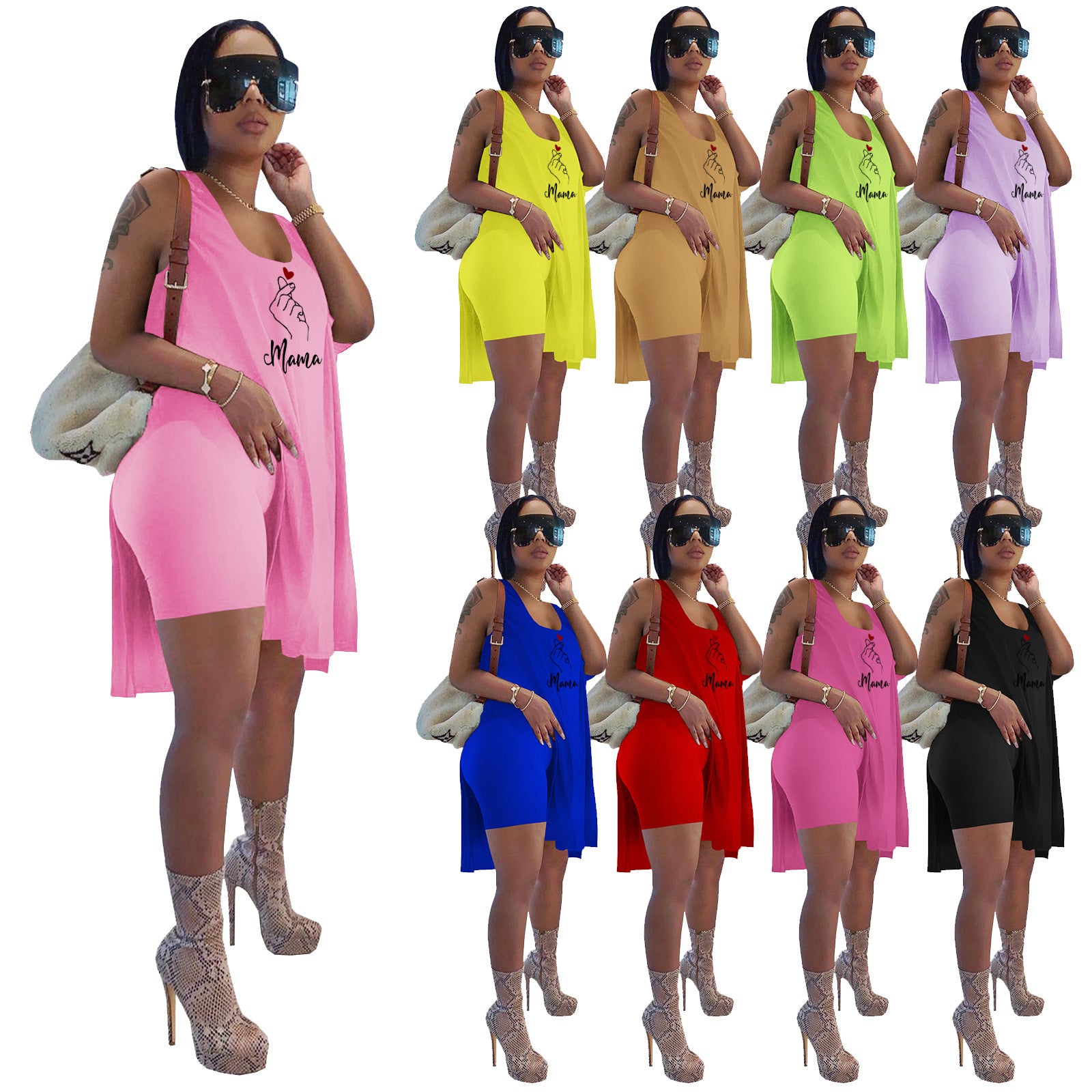 Women's Mother's Day print vest top shorts two-piece set 10