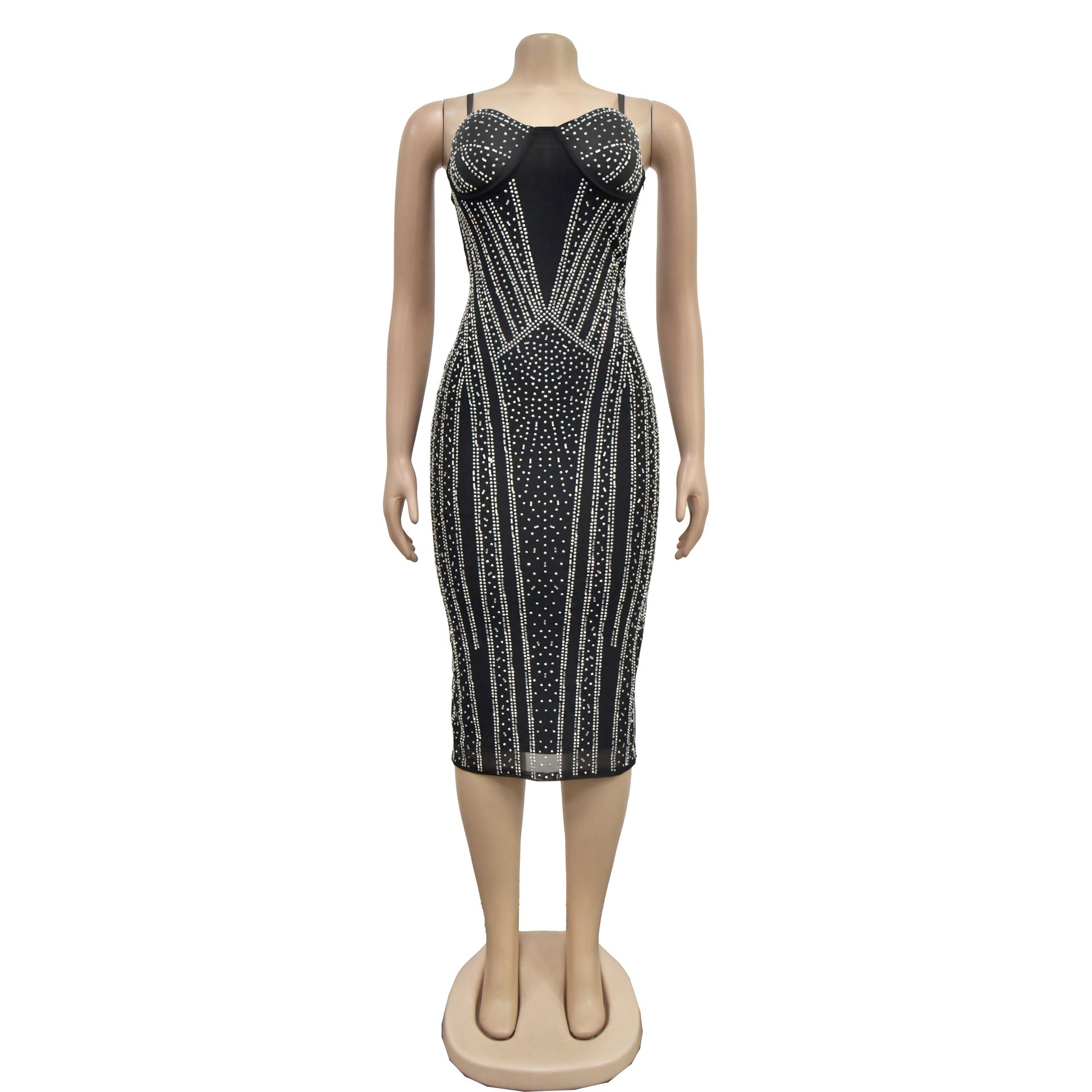 Fashion Women's Solid Color Sexy Beaded Mesh Strap Dress 11