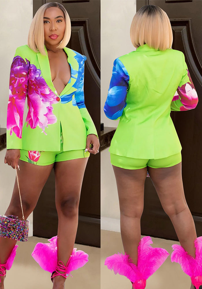 Fashion Women's Sexy Printed Blazer Shorts Two Piece Set