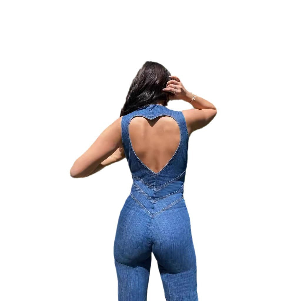 Women’s Retro Streetwear Slim-Fit Sleeveless Hollow Denim Jumpsuit 4